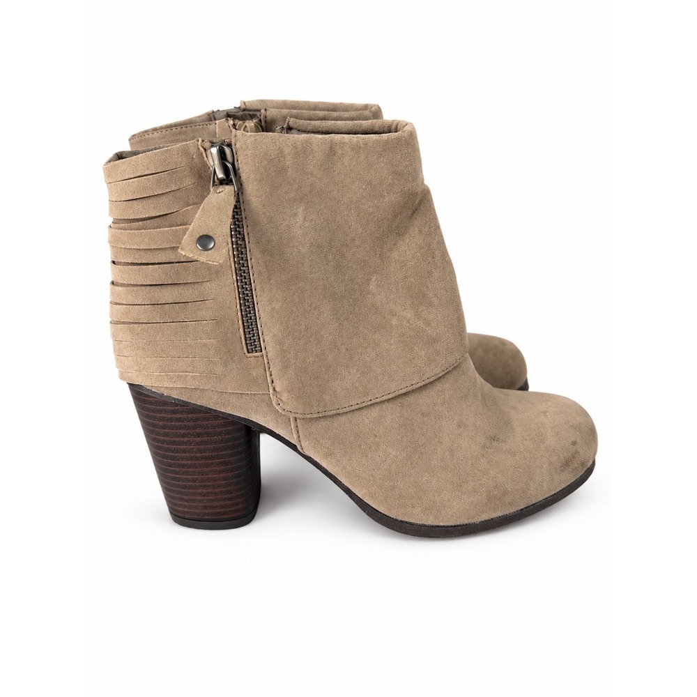 Madden Girl Destroy Women's 8.5 Taupe Fringe Ankle Boots Block Heel Western